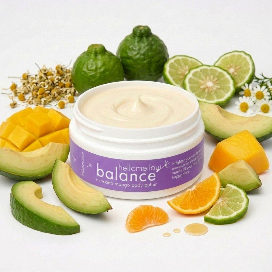 balance body butter against a white background surrounded by aromatherapy notes
