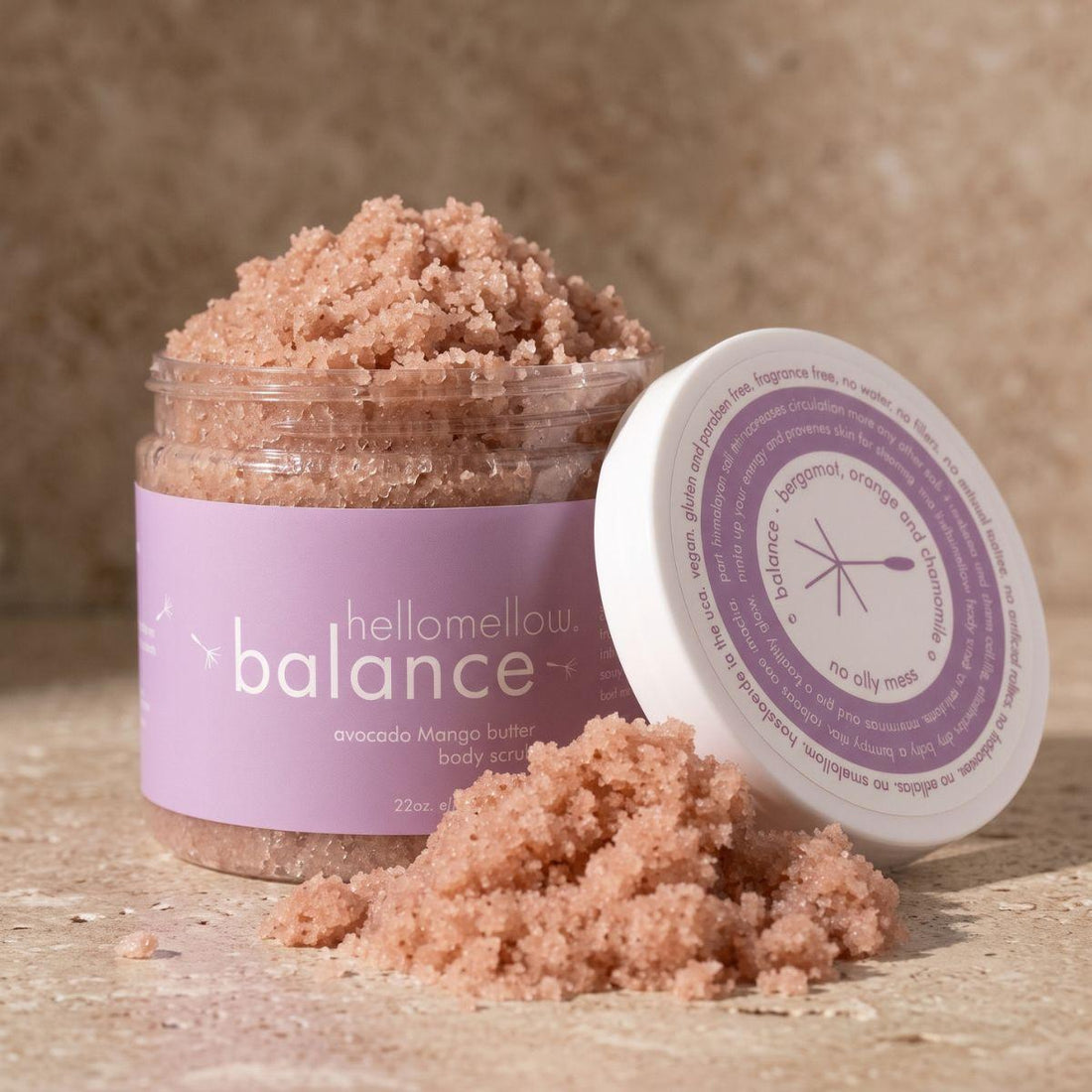 open balance body scrub showing the natural pink salt texture inside