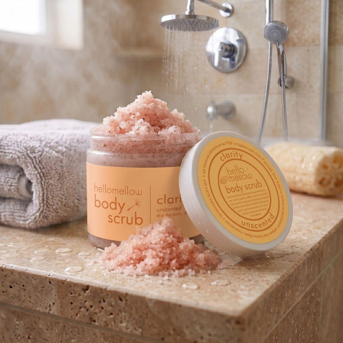 clarity body scrub on a shower ledge beside a folded towel