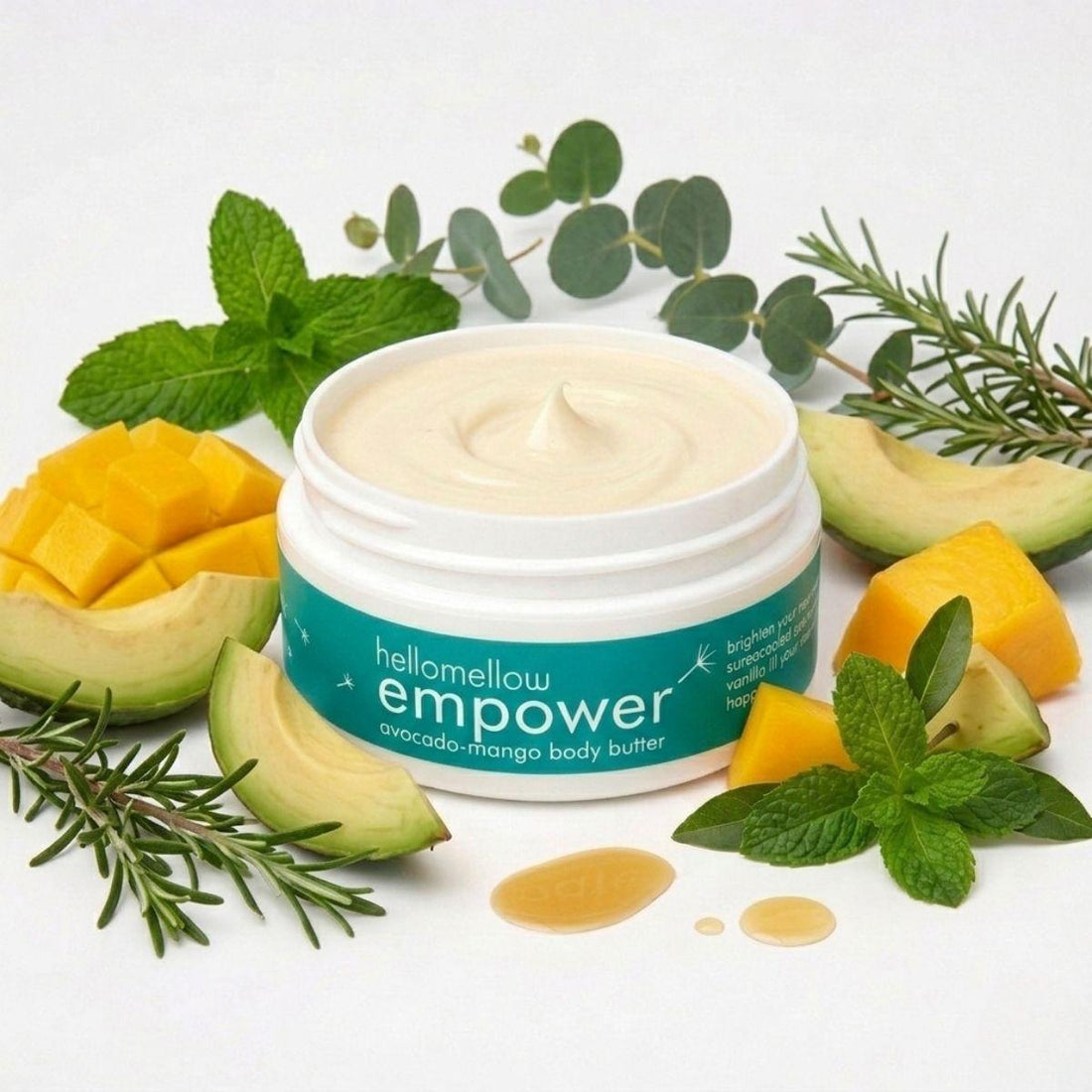 empower body butter against a white background surrounded by aromatherapy notes