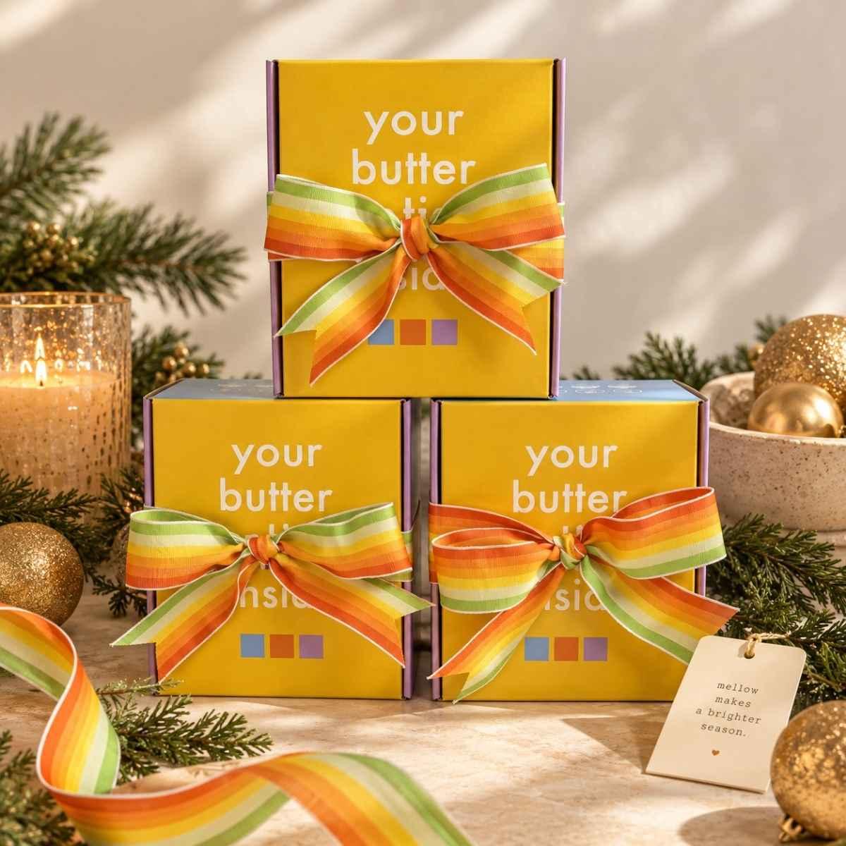 hellomellow essential routine gift wrapped with holiday decorations