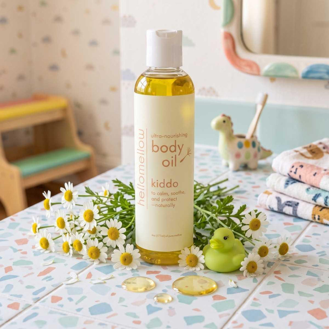 hellomellow kiddo bath and body oil in kiddo bathroom