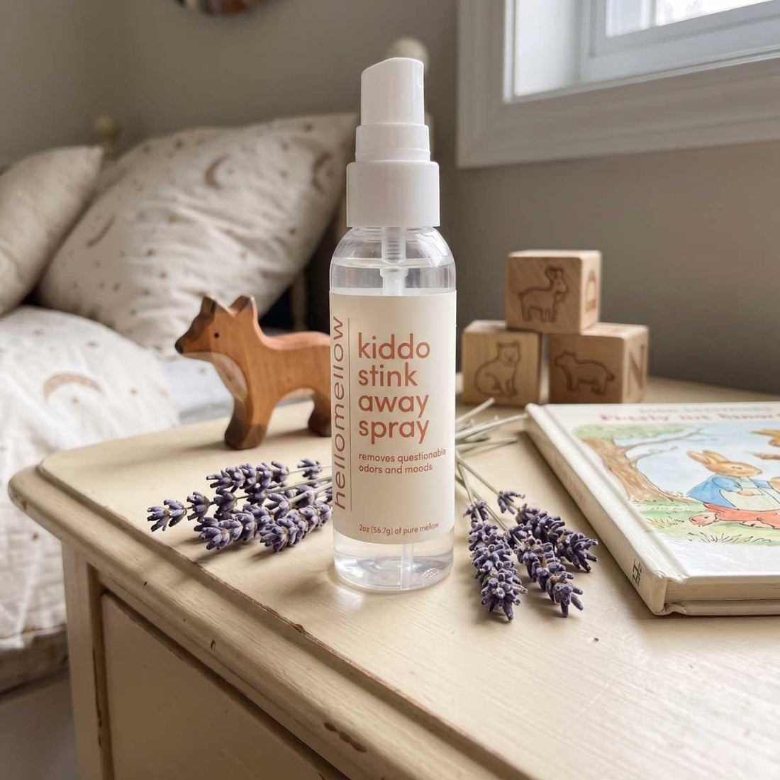 hellomellow kiddo stink away spray on dresser