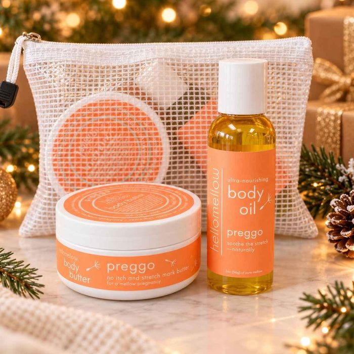 preggo on the go holiday gift set with preggo body oil, butter, and travel pouch