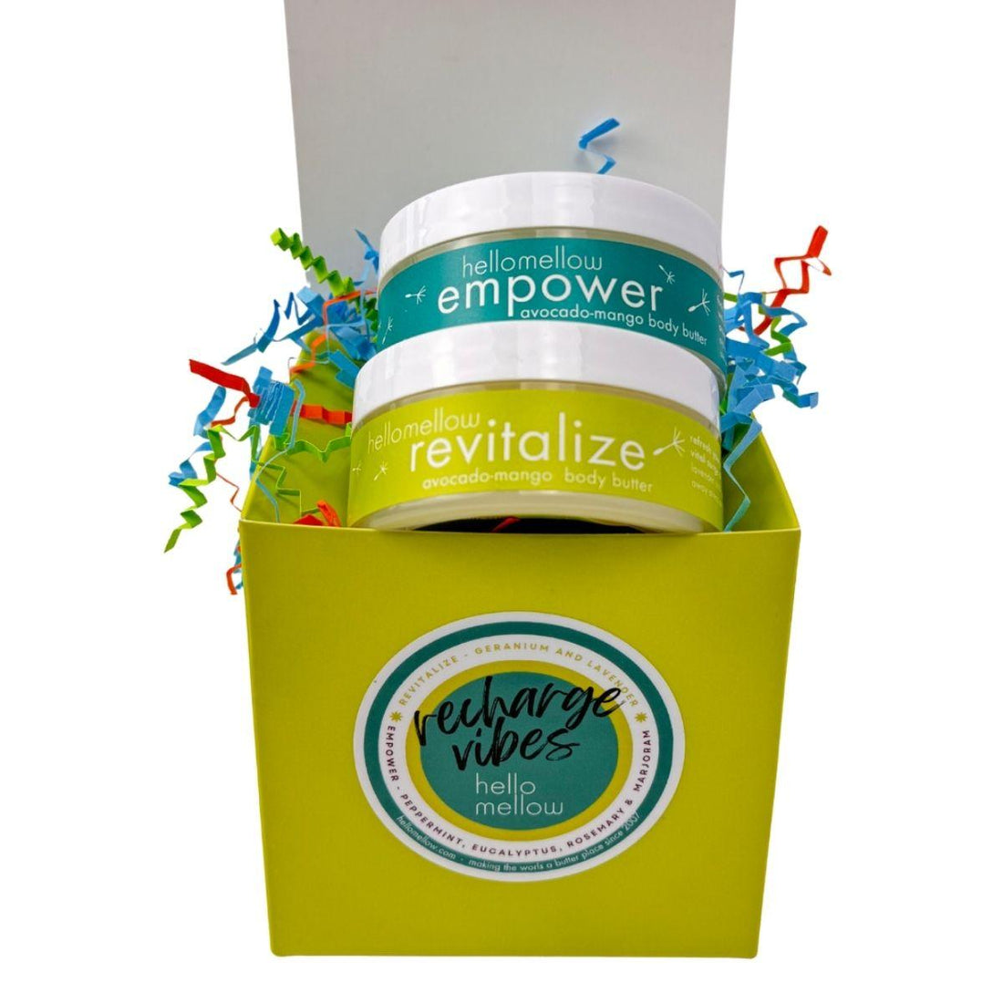 recharge vibe 2oz body butter set open with revitalize and empower body butter sets visible