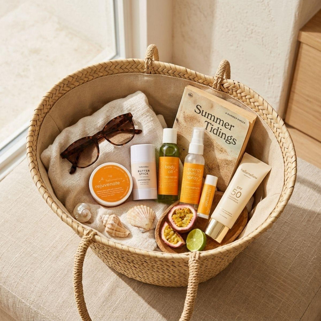 rejuvenate deluxe vacay vibe in a cozy travel basket mini body scrub, one unscented body butter stick, mini body oil, mini energy shifting spray, lip butter pictured with a book sunglasses and sunscreen