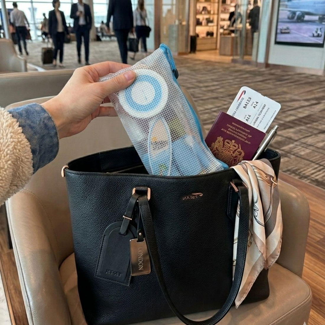 relax vacay vibe travel bodycare set inside of a purse at the airport
