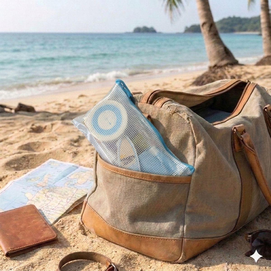 relax vacay vibe inside of branded hellomellow bag in a beach bag on the beach