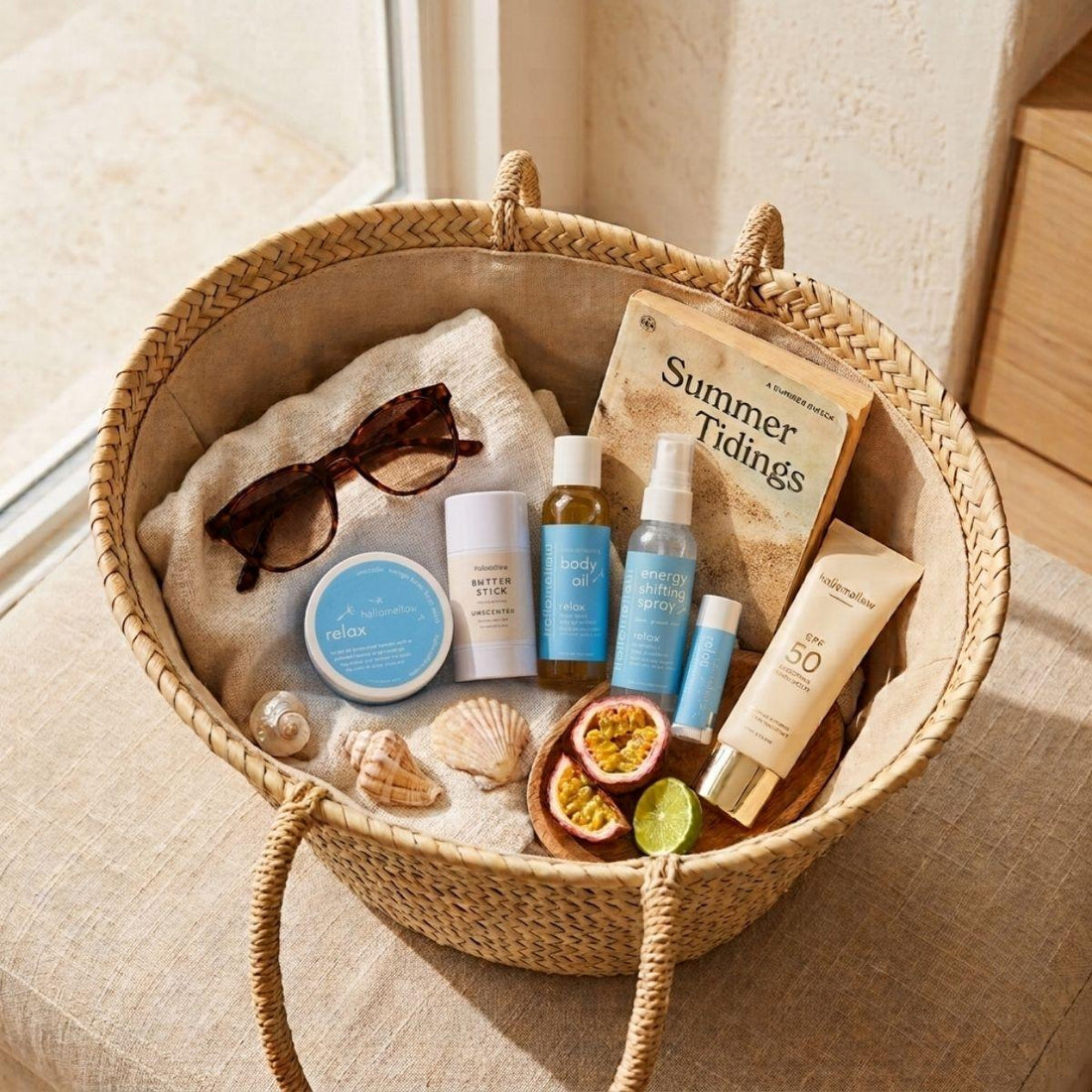 relax deluxe vacay vibe in a cozy travel basket mini body scrub, one unscented body butter stick, mini body oil, mini energy shifting spray, lip butter pictured with a book sunglasses and sunscreen