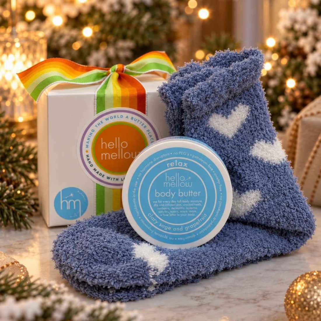 relax 2 oz body butter and cozy sock gift wrapped in holiday setting
