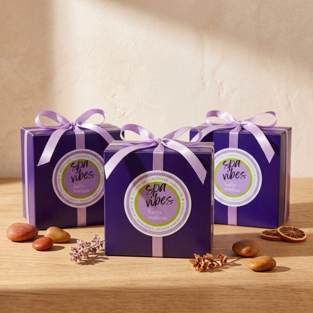 3 spa vibe boxes wrapped with a bow
