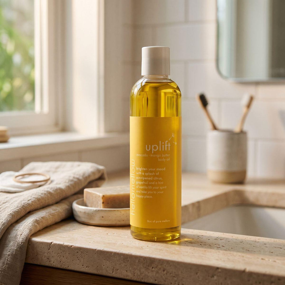 uplift body oil on a warm bathroom counter beside a folded towel