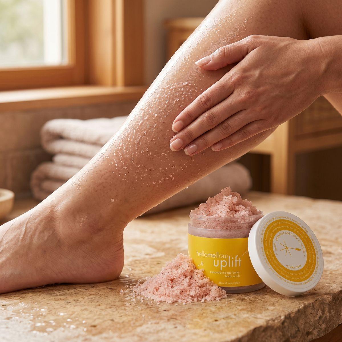 hands massaging uplift body scrub onto damp skin in gentle circular motions