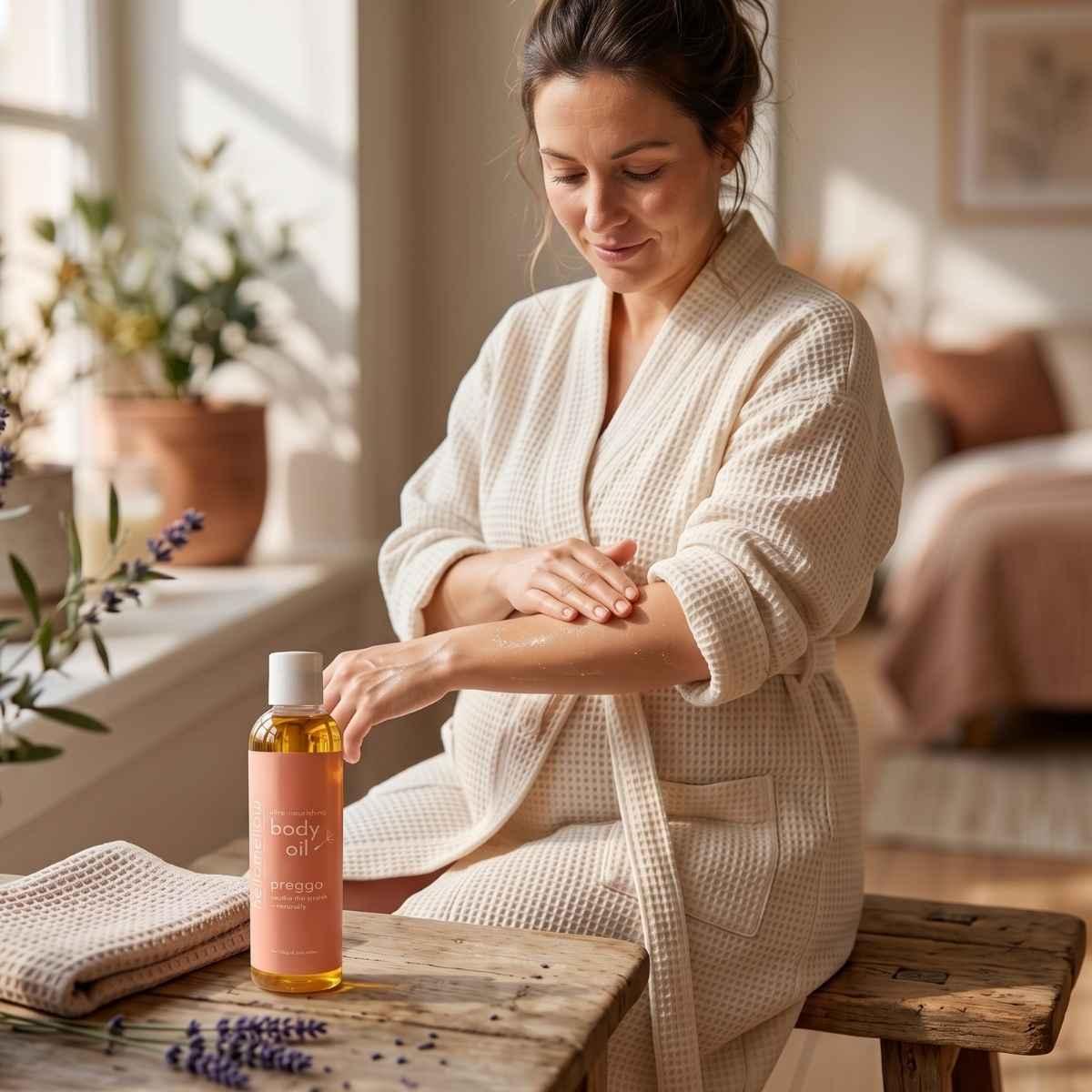 woman applying hellomellow preggo body oil 8oz