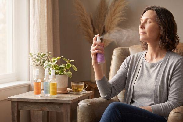 woman spraying hellomellow balance spray on her face