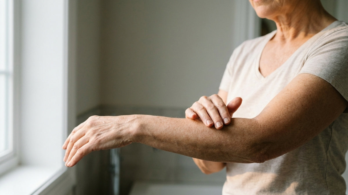 a woman gently runs her hand over her forearm while noticing the natural texture of her skin.