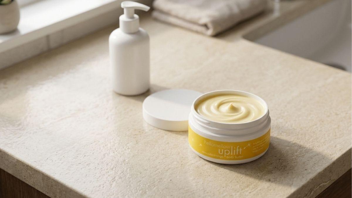 open body butter sits on a bathroom counter beside a simple lotion bottle and fresh water droplets.