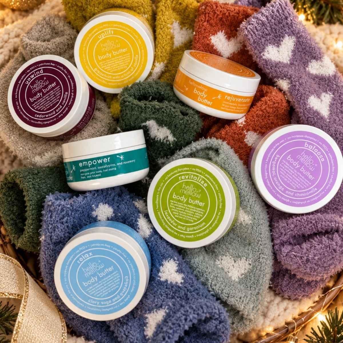 all hellomellow 2 oz body butters and cozy socks