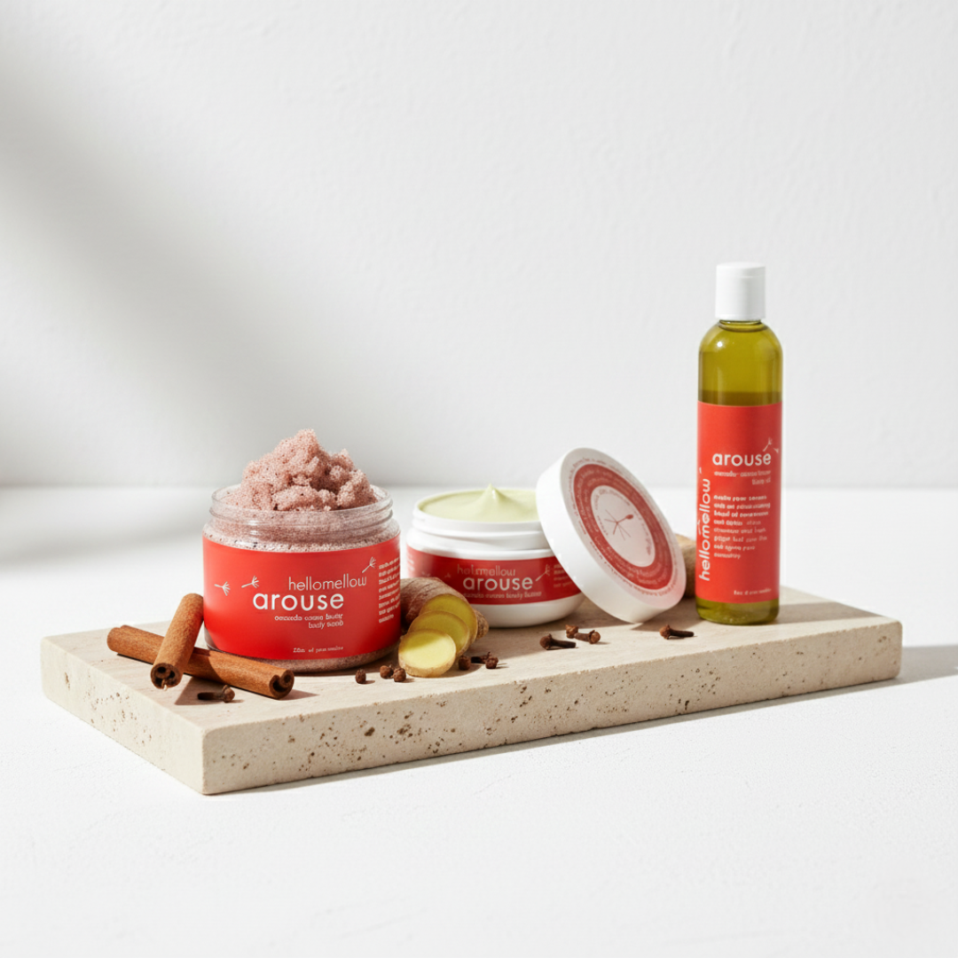 hellomellow essential set — body butter, scrub, and oil