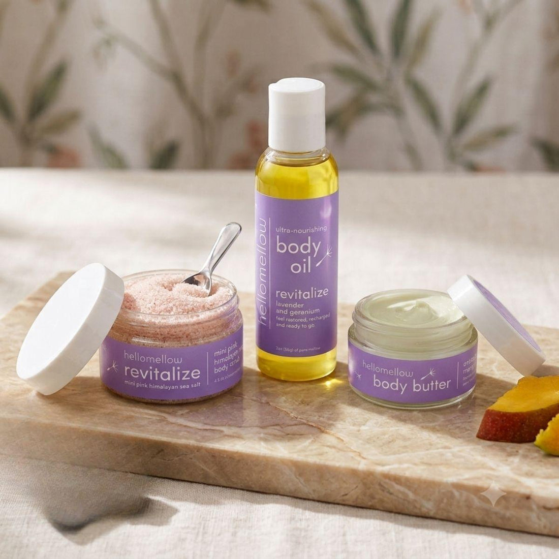 balance mini essential routine in a warm bathroom body butter body oil and boy scrub 