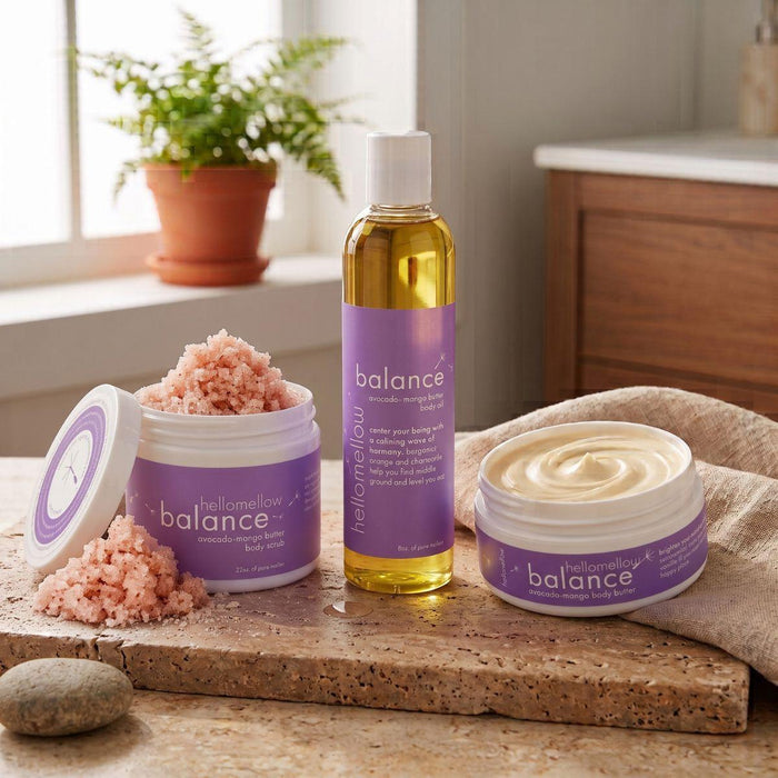full balance essential routine photo with body scrub and body butter open 