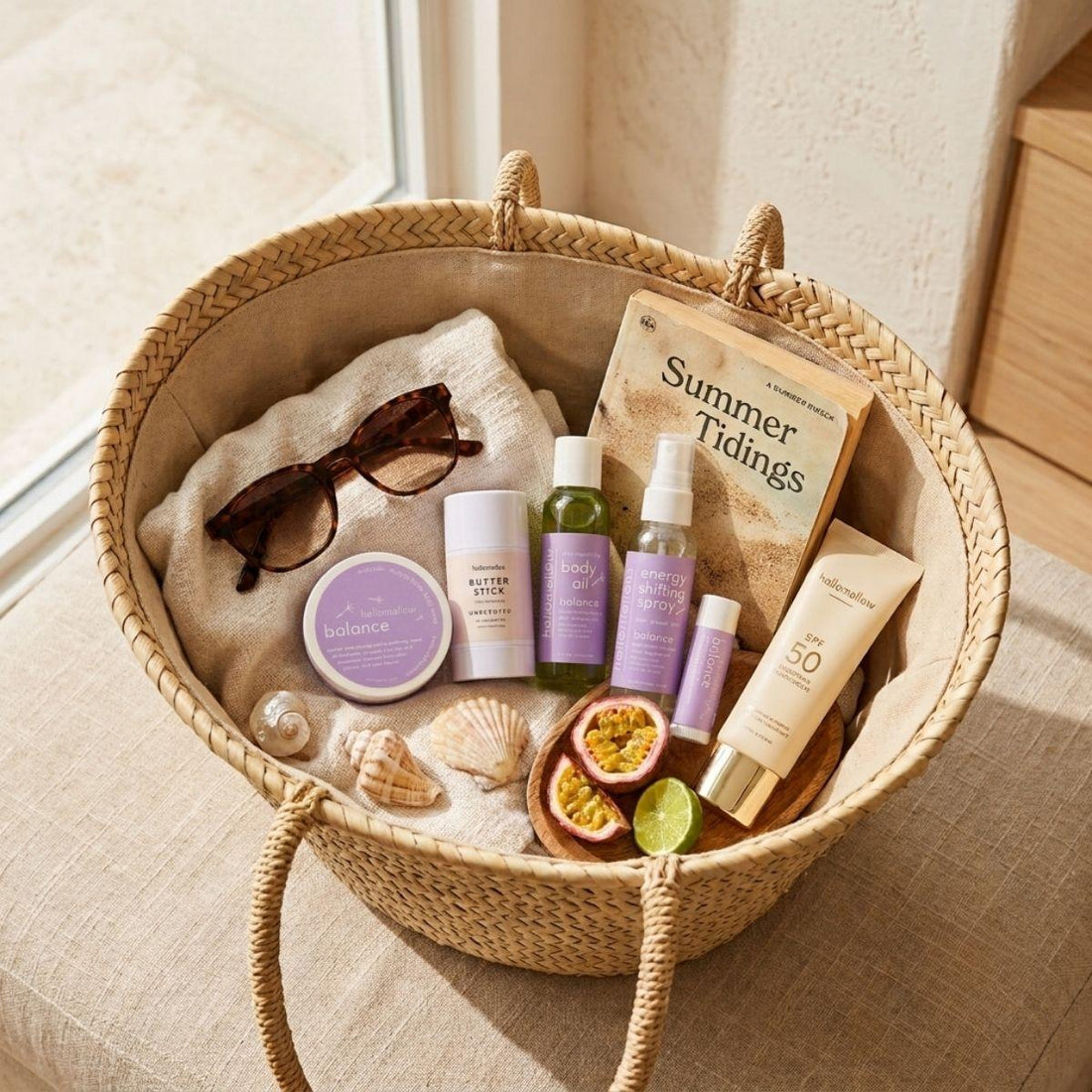 balance deluxe vacay vibe in a cozy travel basket mini body scrub, one unscented body butter stick, mini body oil, mini energy shifting spray, lip butter pictured with a book sunglasses and sunscreen