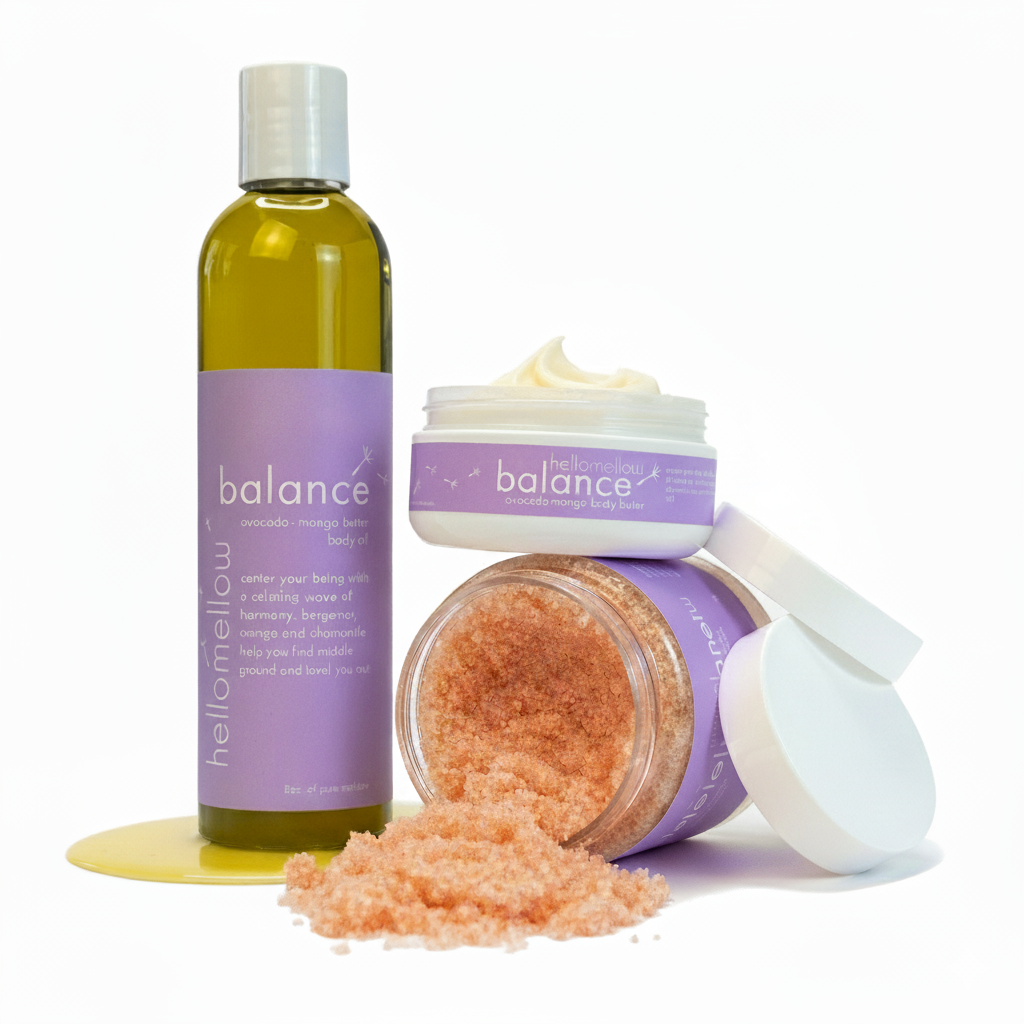 hellomellow essential set — body butter, scrub, and oil