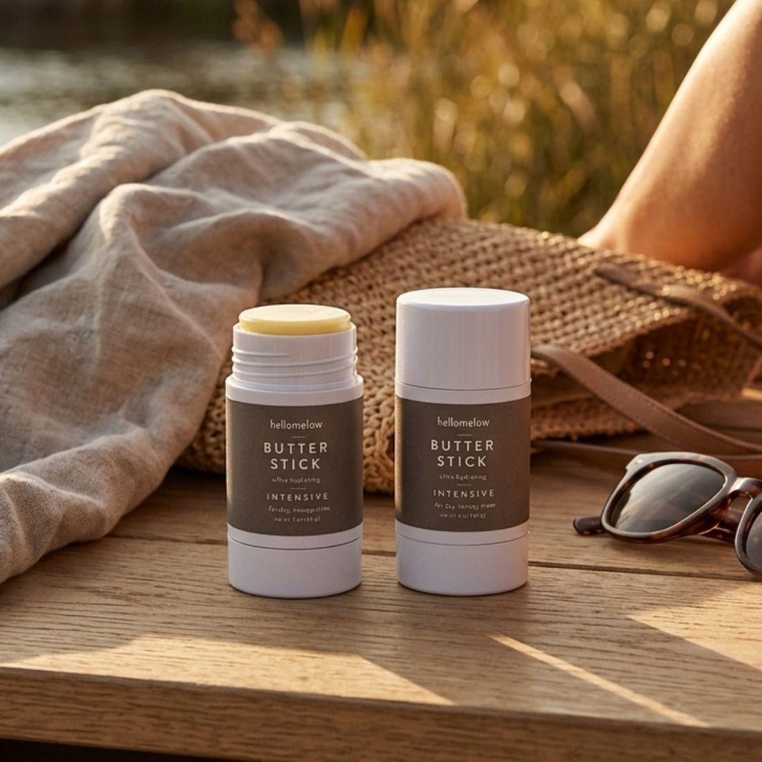 butter stick intensive duo photographed outside in the sunlight with a wicker bag and sunglasses in frame