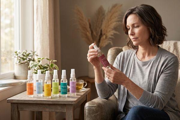 a woman chooses between hellomellow energy shifting sprays at home based on the aroma that feels right.