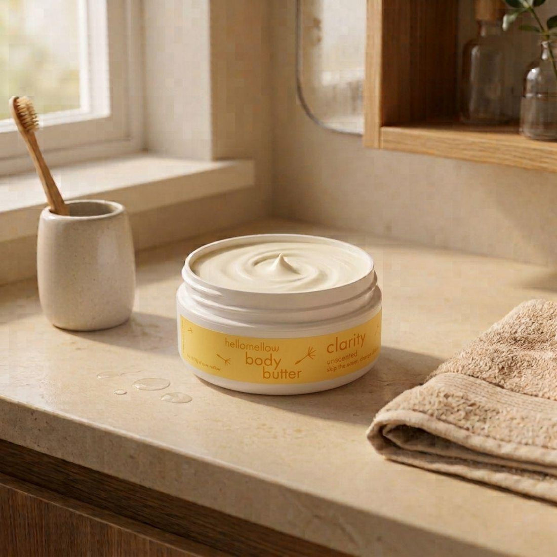 open clarity body butter showing its real natural texture inside the jar