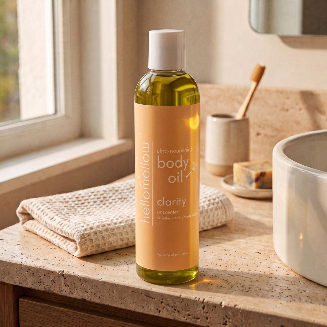 clarity body oil on a warm bathroom counter beside a folded towel