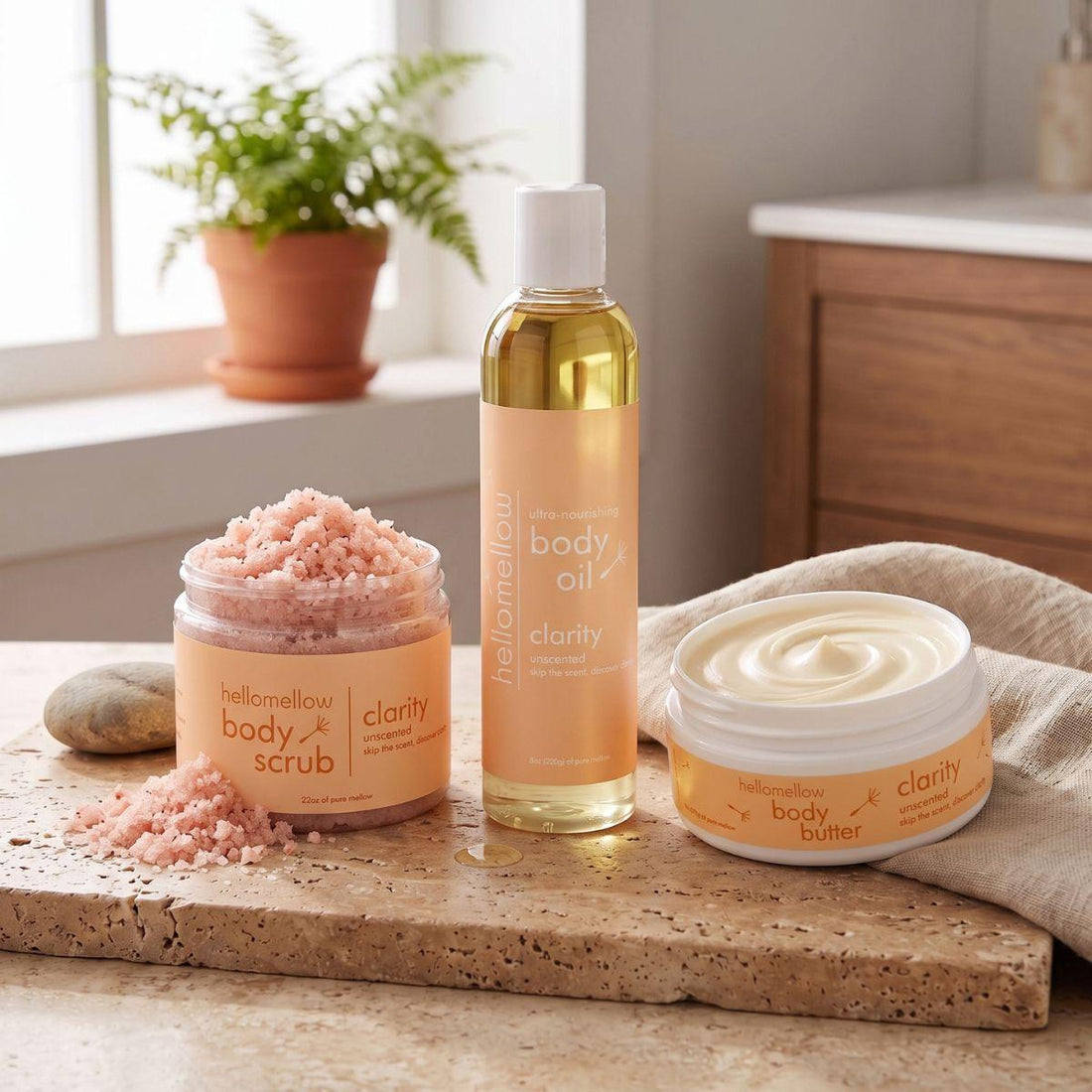 full clarity essential routine photo with body scrub and body butter open 