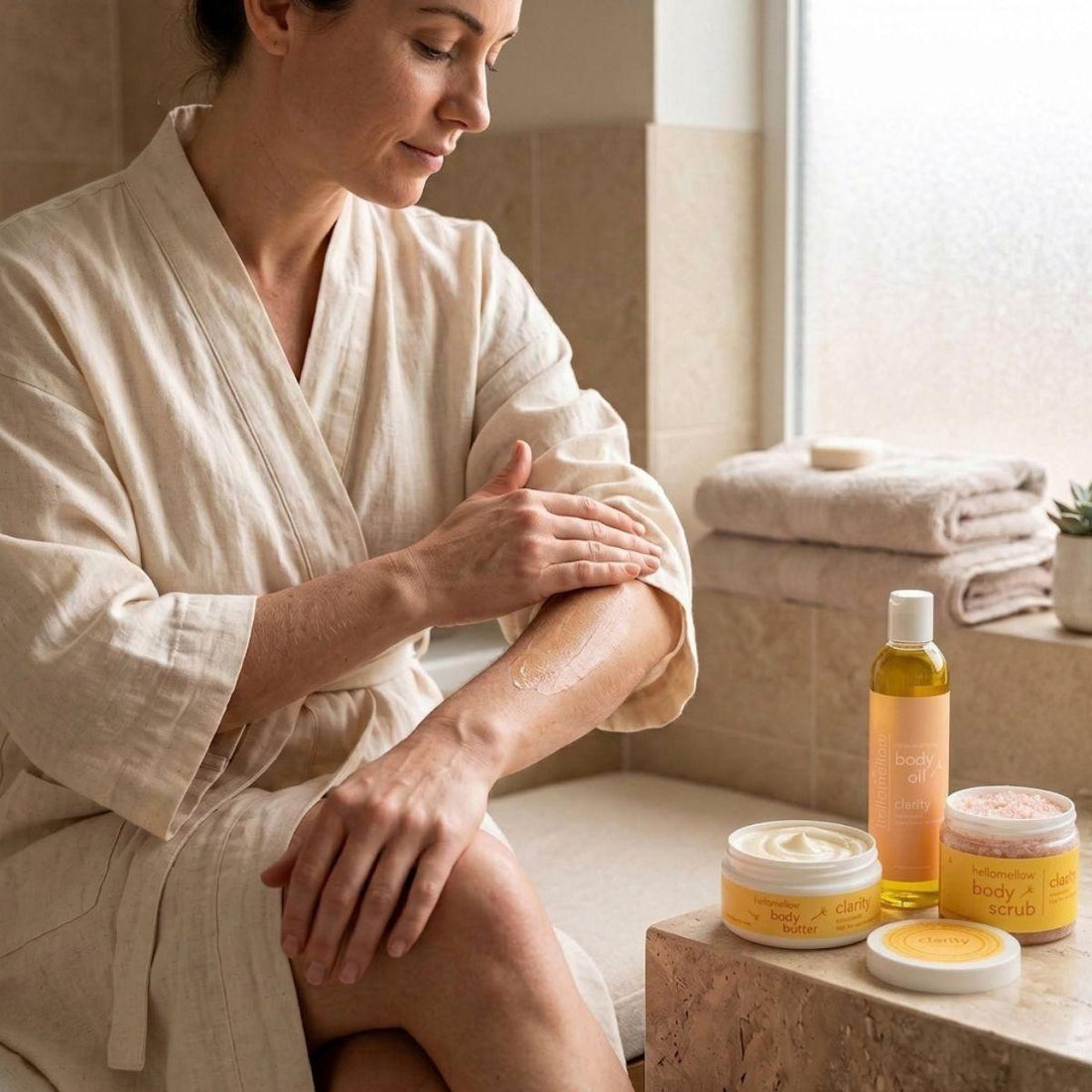 woman applying the body butter from a clarity essential routine 