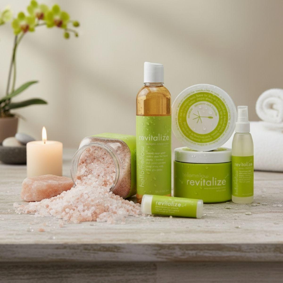 revitalize complete mellow method on a luxurious bathroom counter with the pink bath salt spilling out 