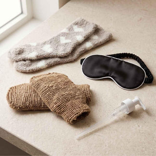 jute exfoliating gloves + oil pump + cozy socks + an eye pillow