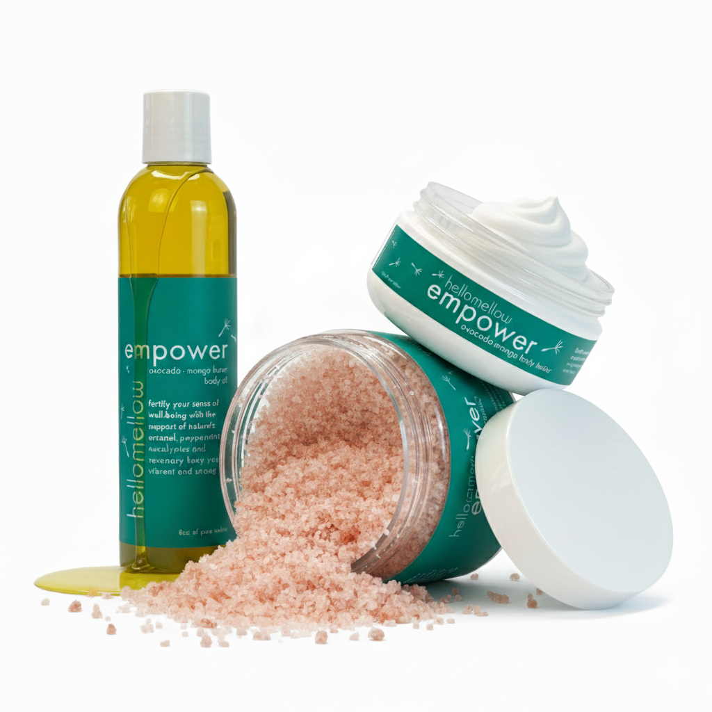 hellomellow essential set — body butter, scrub, and oil
