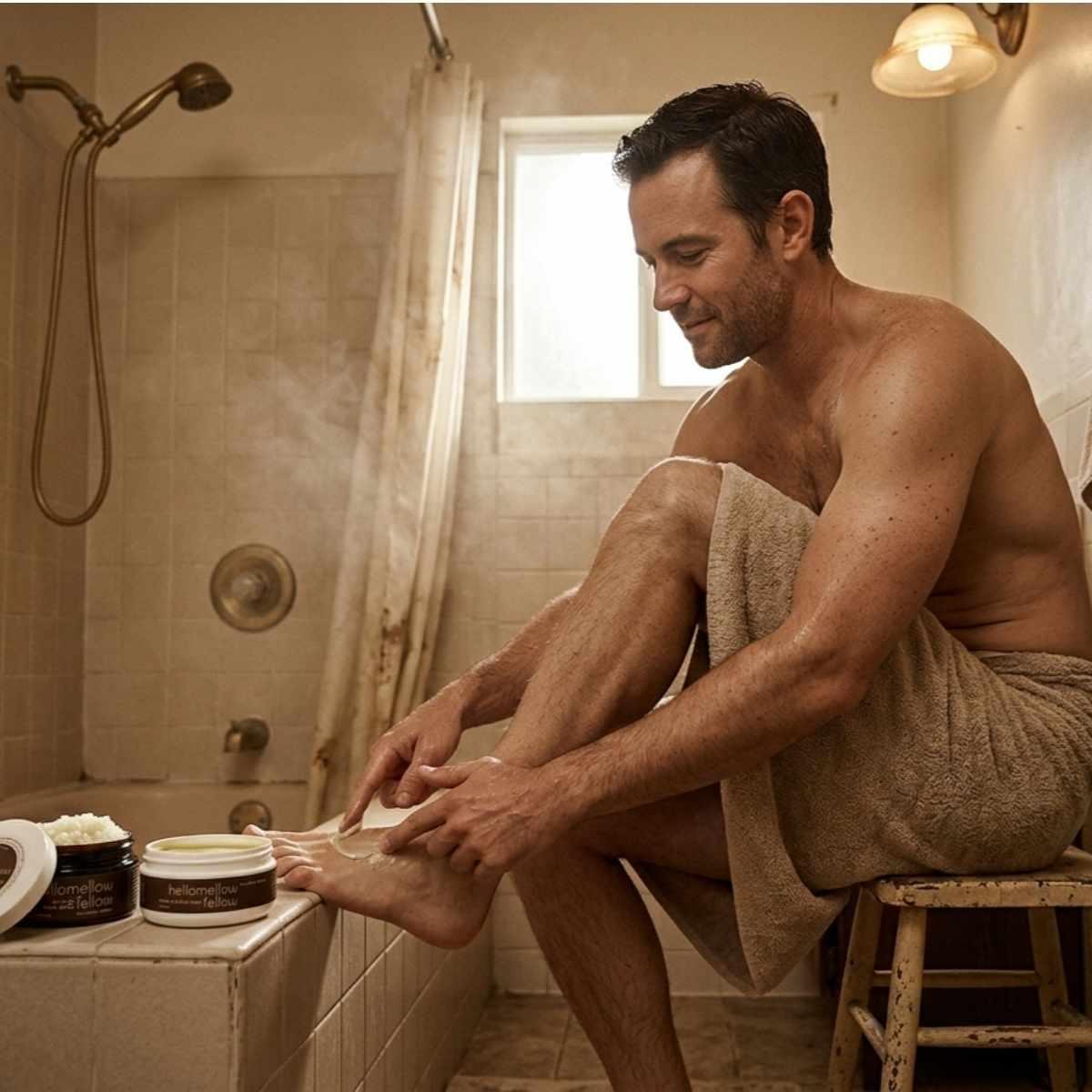 fellow foot fixer man using in bathroom