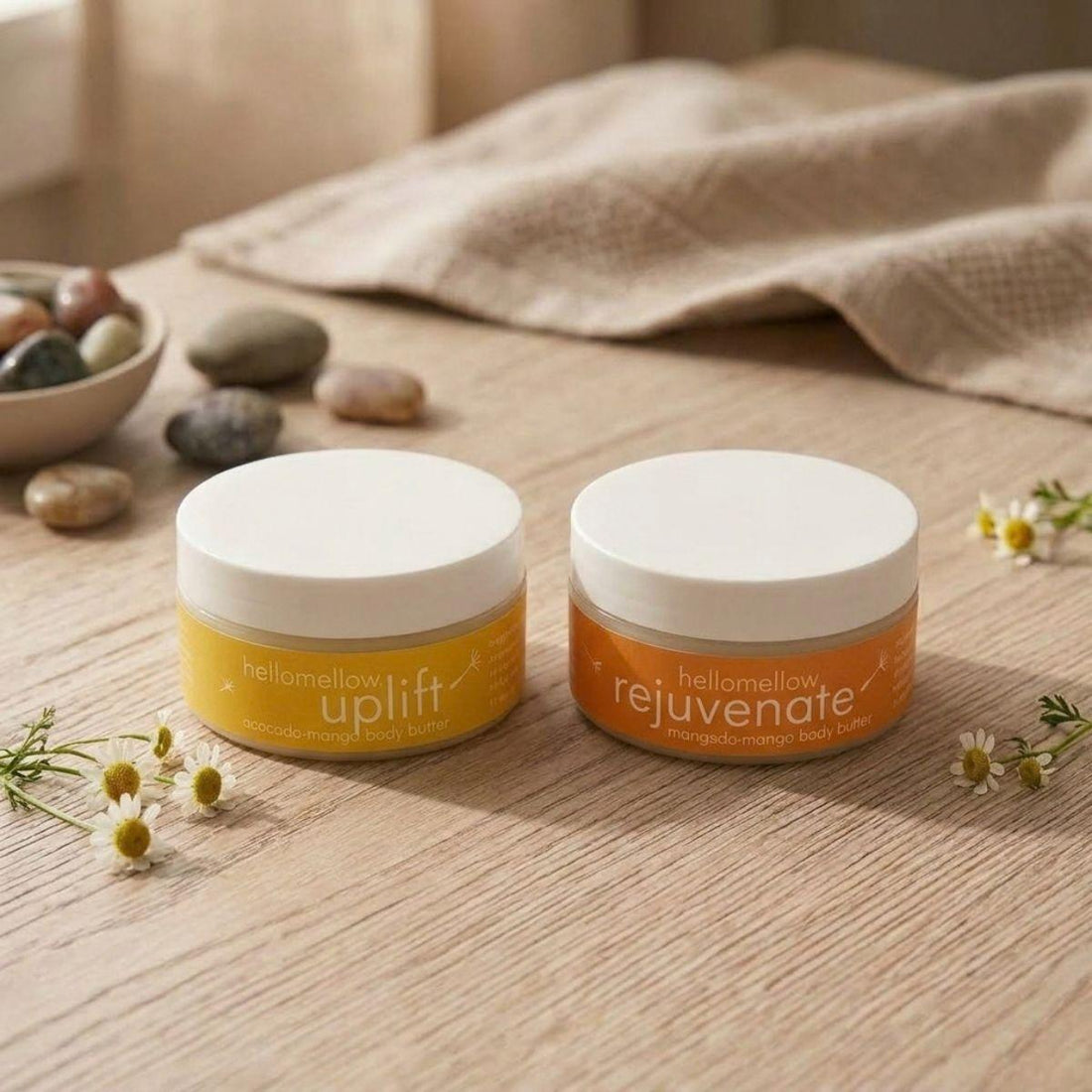 happy vibes butter set uplift and rejuvenate butters on a wood grain surface