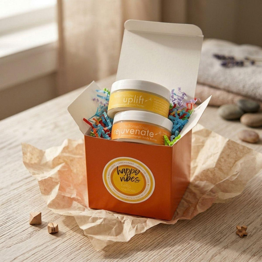 happy vibes butter set box open with uplift and rejuvenate 2 oz butters 