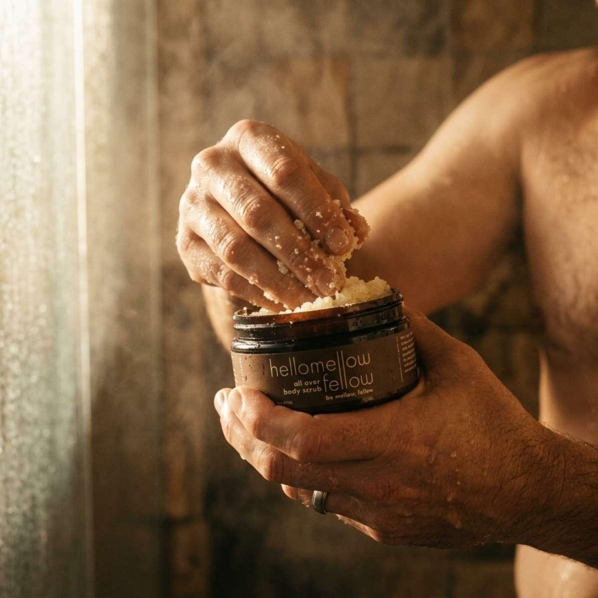 hellomellow fellow body scrub in use in shower