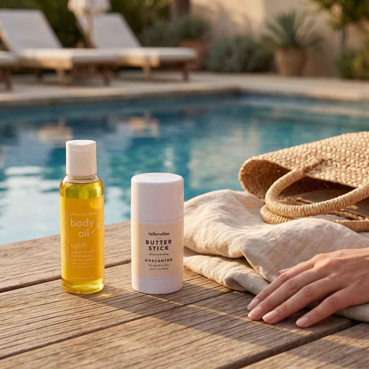 hellomellow mini body oil uplift and daily unscented butter stick poolside