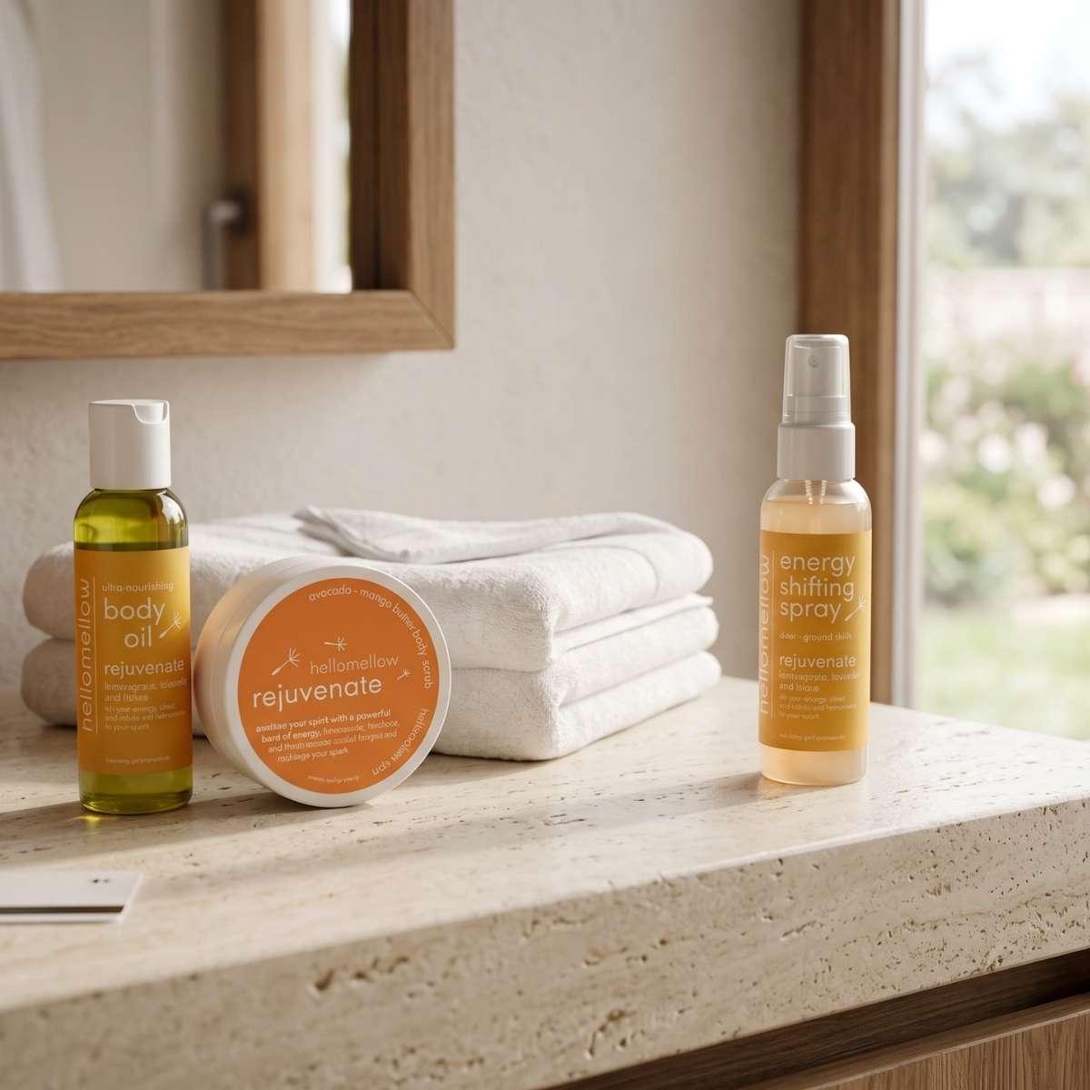 hotel hellomellow travel body products scrub oil and spray in rejuvenate