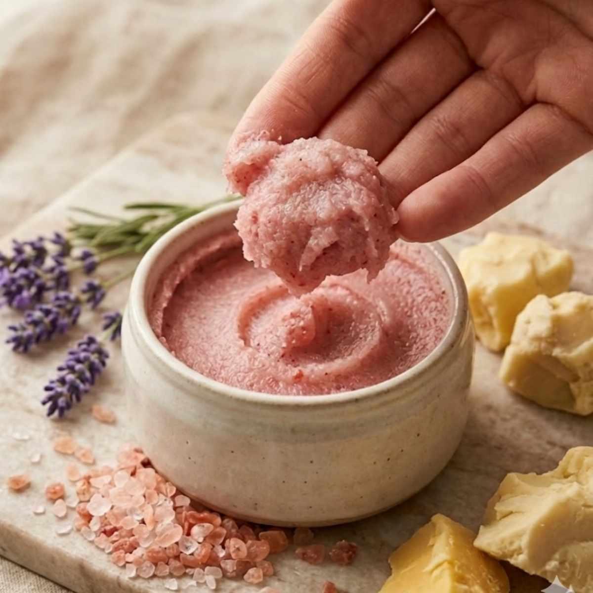 hellomellow pink hiimalayan scrub mini in jar showing texture