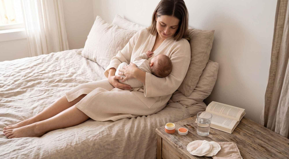 new mother nursing her baby with preggo boobie butter nearby on a bedside table.