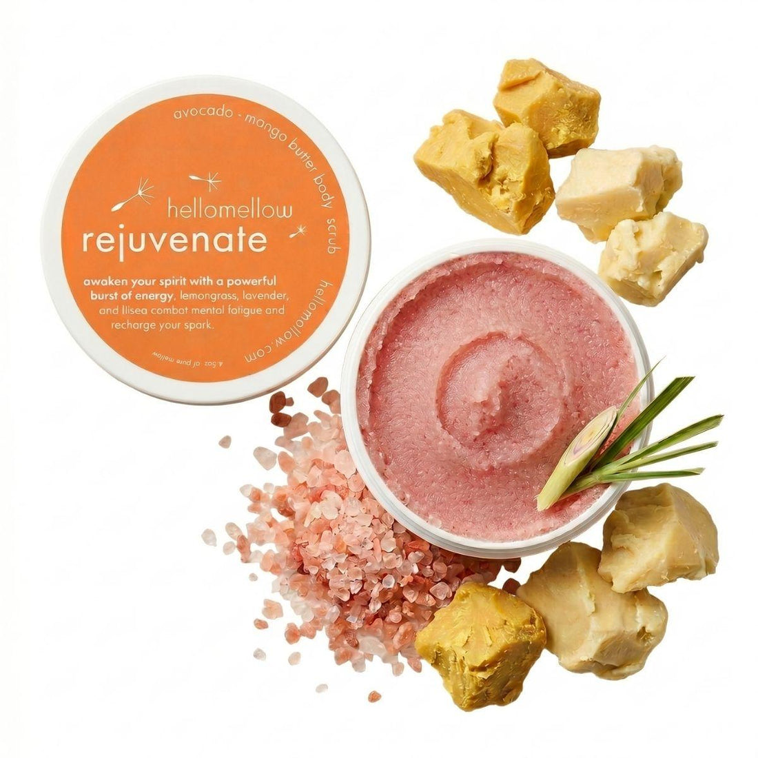 rejuvenate mini scrub open with essential oil notes around 