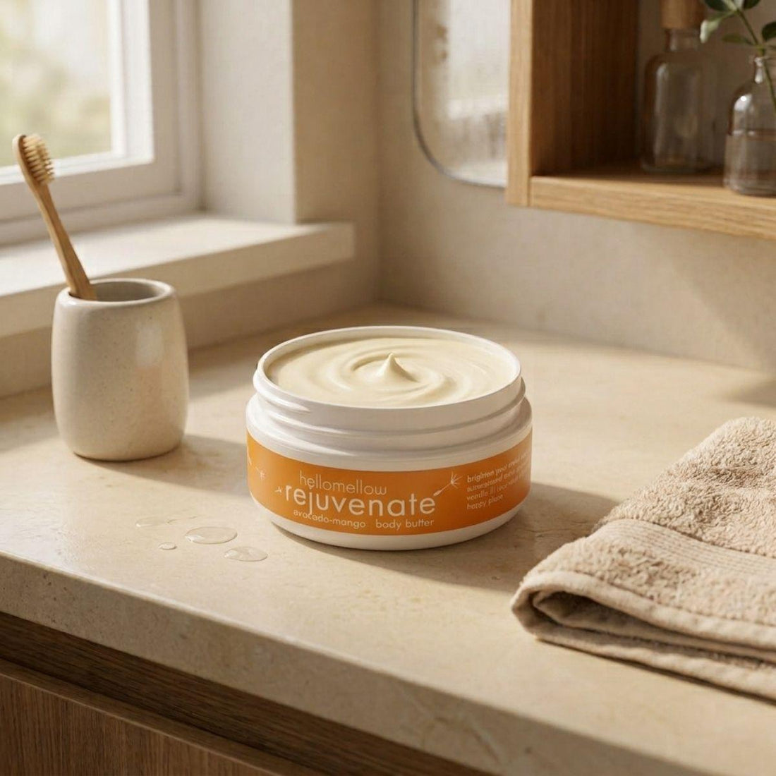 open rejuvenate body butter showing its real natural texture inside the jar