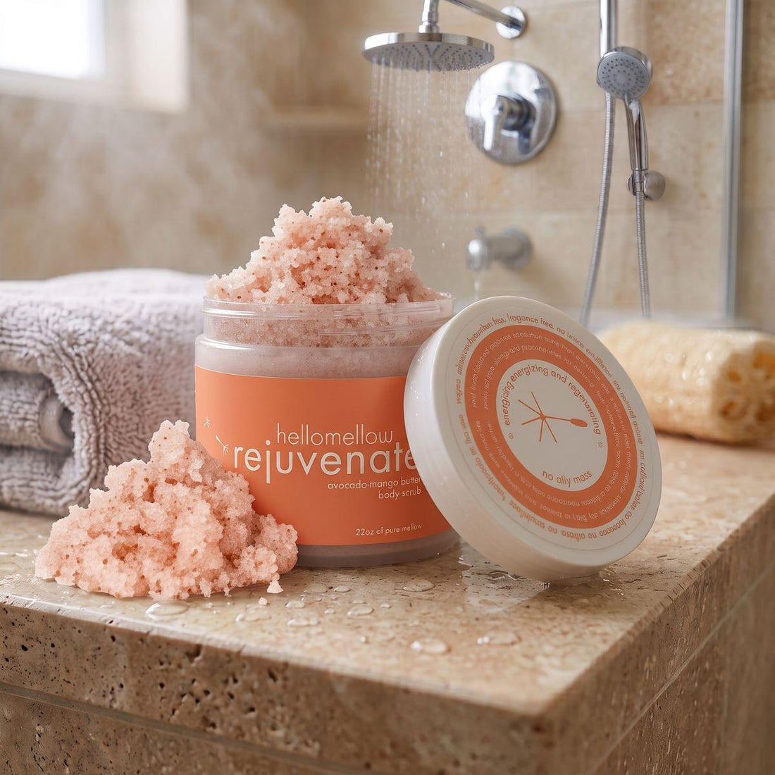 rejuvenate body scrub on a shower ledge beside a folded towel