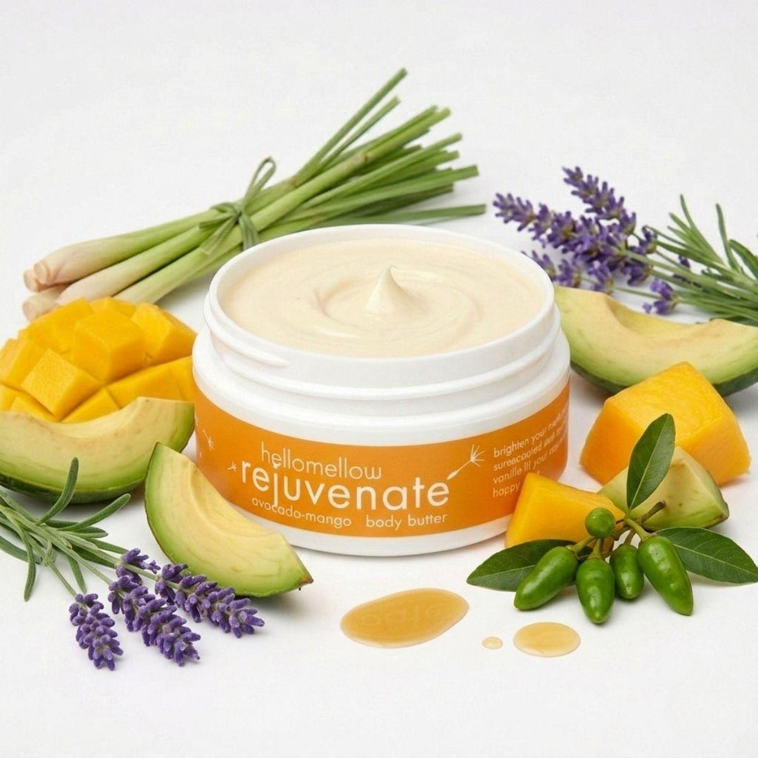 rejuvenate body butter against a white background surrounded by aromatherapy notes 