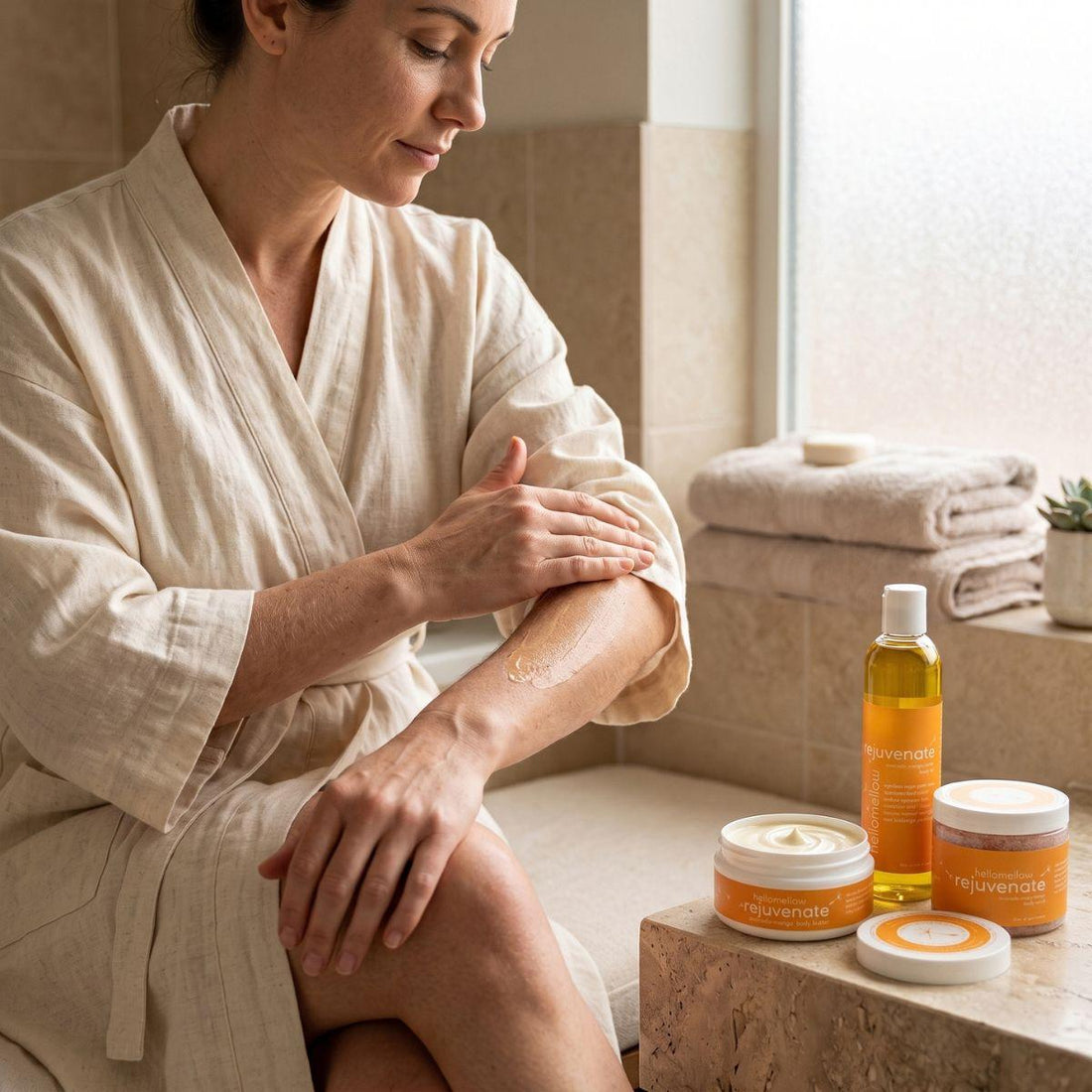 woman applying the body butter from a rejuvenate essential routine 