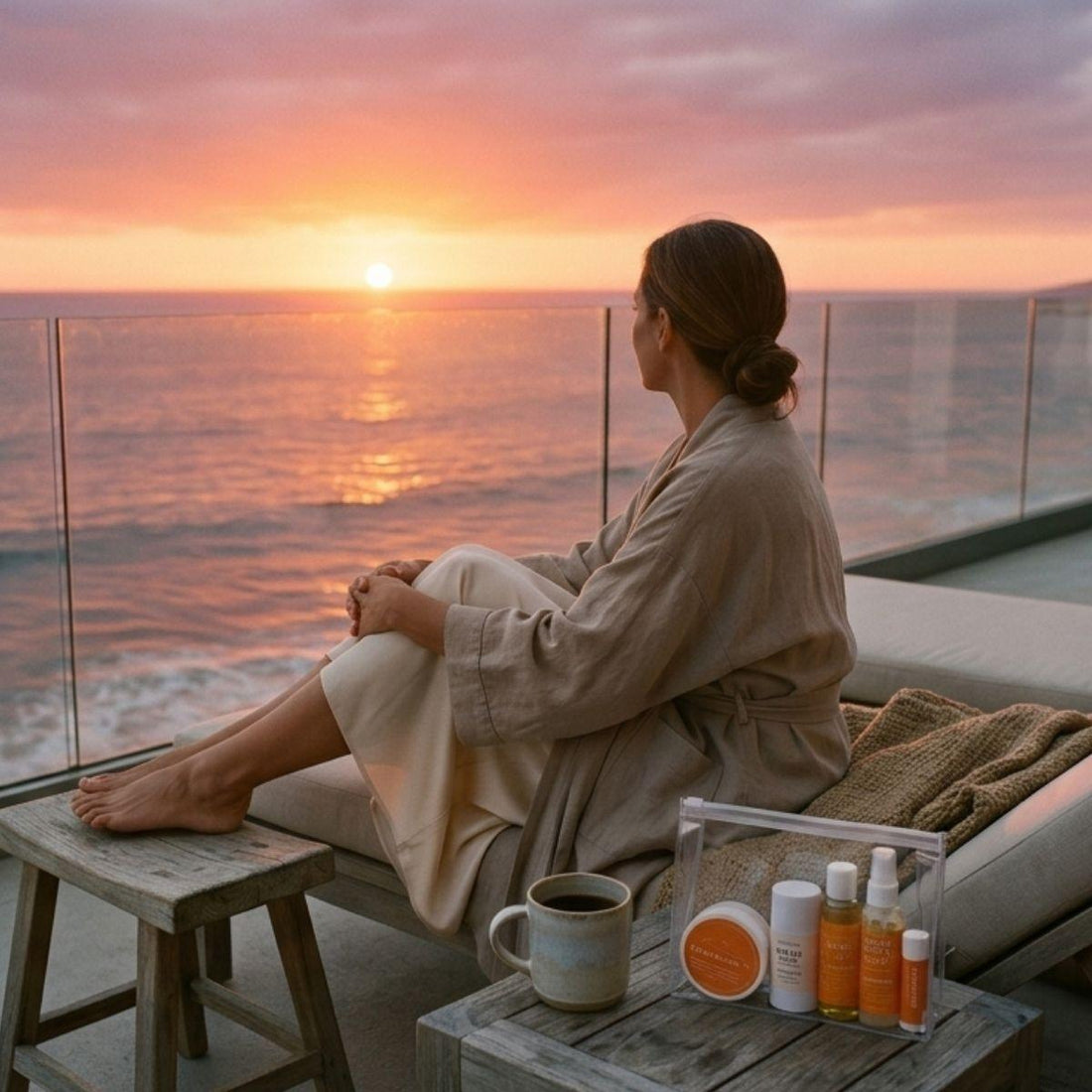 rejuvenate deluxe vacay vibe on side table on a balcony with a woman watching the sunset